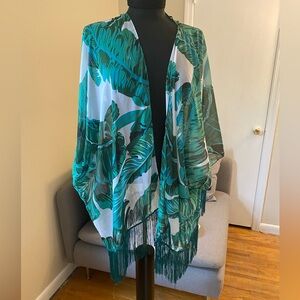 Tropical green kimono with fringe detail